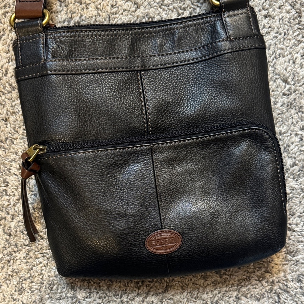 Fossil Morgan Traveler Bag, Black Leather w/ Brown Accents